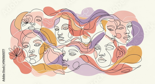 Abstract illustration of diverse female faces in flowing lines and colors.