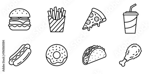 Doodle-style set of eight black-and-white fast food icons: burger, fries, pizza slice, soda, hot dog, glazed donut, taco, and fried chicken drumstick on white background