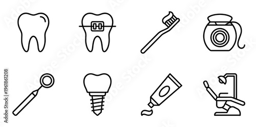 Flat line icons of dental care tools and concepts—toothbrush, floss, mirror, chair, braces, implant—clean minimal symbols for dentistry, oral hygiene, clinic and prevention