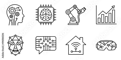 Artificial intelligence and modern technology icons set. Illustrating concepts like machine learning. Robotics. Data analysis. Smart homes. And virtual reality