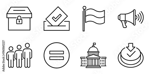 Democracy and election line icons set depicting voting, government, politics, equality, rights, ballot box, flag, and public speaking elements for civic engagement