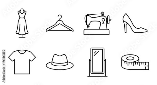 Outline vector icons of fashion design and tailoring essentials: mannequins, dresses, sewing machines, garments, accessories and measurement tools in clean black-and-white line style