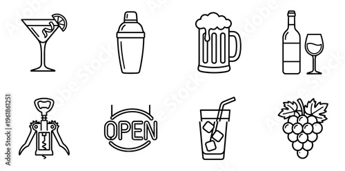 Beverage and bar icons collection for web and mobile apps, featuring drinks, tools, and elements like cocktail, beer mug, wine bottle, shaker, corkscrew, and open sign