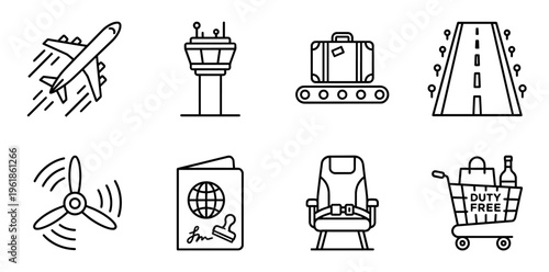 Airport travel planning and global logistics concept with outlined icons including airplane taking off. Control tower. Baggage belt. Runway. Passport. Aircraft propeller. Seat