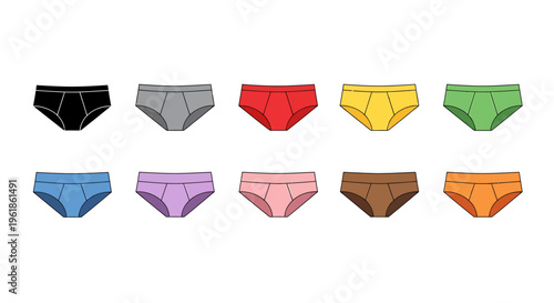 A collection of ten colorful men's briefs in various shades, including black, grey, red, yellow, green, blue, purple, pink, brown, and orange, arranged neatly on a white background.
