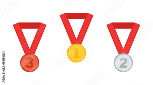 Gold, silver and bronze medal set with red ribbons. First second third place award icons
