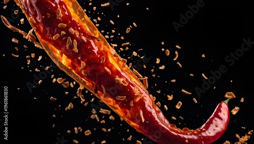 Exploding Red Chili Pepper – Dynamic Slices and Flakes Burst with Spicy Energy on Dark Crimson Background