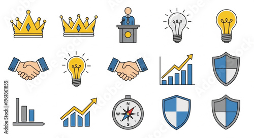 Business Icons Representing Success Strategy and Security Concepts.