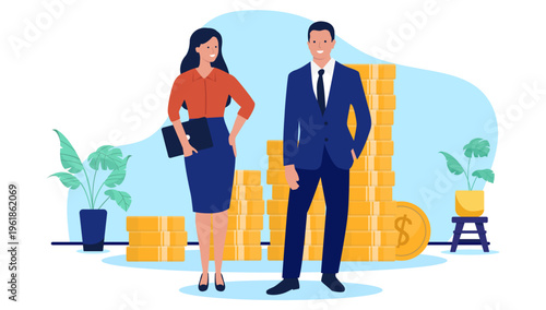 Successful businesswoman and businessman standing in front of large stacks of gold coins. Financial growth, wealth creation and corporate profit concept in flat design vector illustration