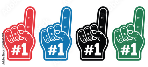 fan foam hands number one set, sports fan finger gloves with #1 sign, colorful supporter icons in red blue green and black, game cheering winner champion celebration concept for events.