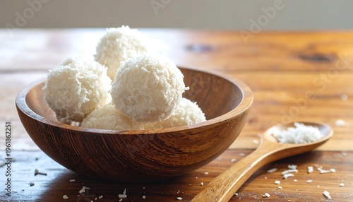 A wooden bowl filled with coconut treats on a table (2)