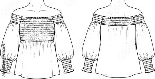 Fashion technical sketch of an off-the-shoulder smocked blouse, front and back view minimalist womenswear template vector illustration isolated on white.