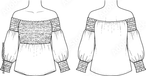 Fashion technical sketch of an off-the-shoulder smocked blouse, front and back view minimalist womenswear template vector illustration isolated on white.