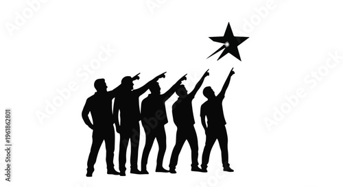 Diverse group of people reaching for a bright star, symbolizing shared ambition and success.