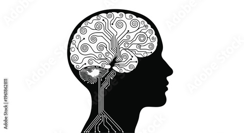 Abstract representation of a human head with a circuit board brain, symbolizing technology and intelligence.