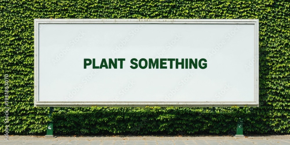 Obraz premium Billboard displays text Plant Something. Green ivy covers wall behind it. Simple message, clean design, outdoor advertising.