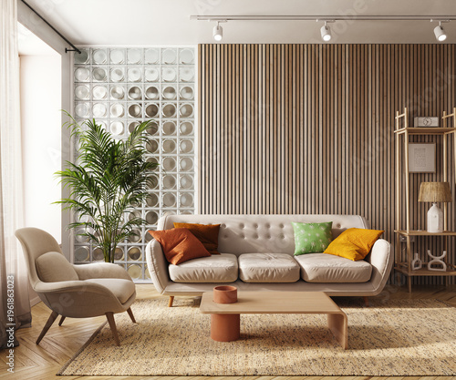 Scandinavian Living Room with Glass Block Wall, 3d render