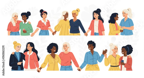 Diverse group of women holding hands and smiling together.