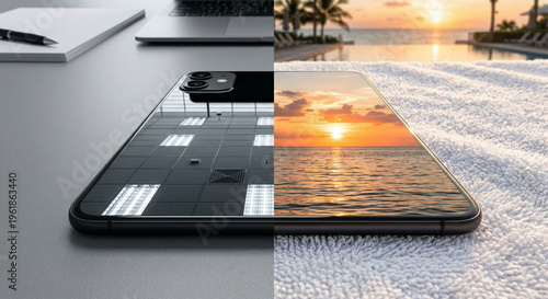 Smartphone on office desk reflecting lights and on beach towel with sunset screen