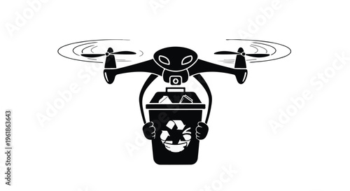 Drone delivering recycling bin with eco-friendly symbol, representing modern waste management solutions.