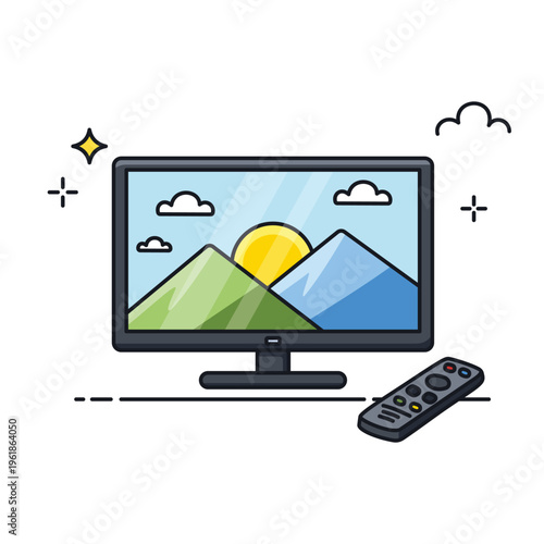 Smart TV Screen and Remote Control Isolated on White Background. Modern home entertainment concept ideal for advertising, app interface, website, banner, and technology illustration.