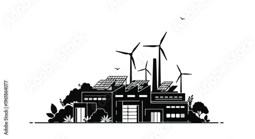 Sustainable factory powered by wind turbines and solar panels, symbolizing green energy and eco-friendly industry.