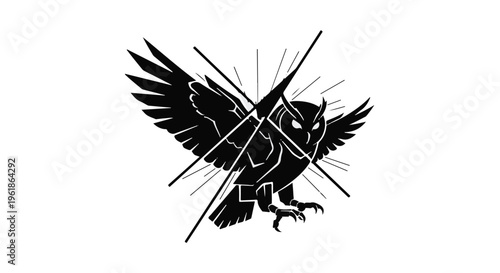 Mysterious owl silhouette with geometric lines and radiating light, symbolizing wisdom and night.