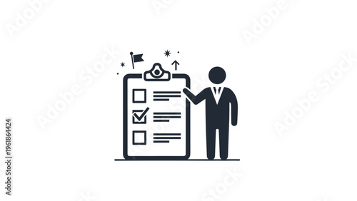 Business professional stands beside a large checklist featuring a checkmark, flag, and stars, symbolizing successful task completion and goal achievement.