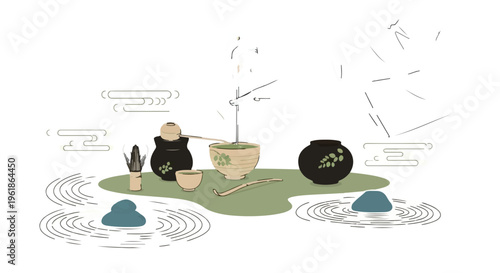 Serene Japanese matcha tea ceremony setup with traditional tools and delicate floral accents