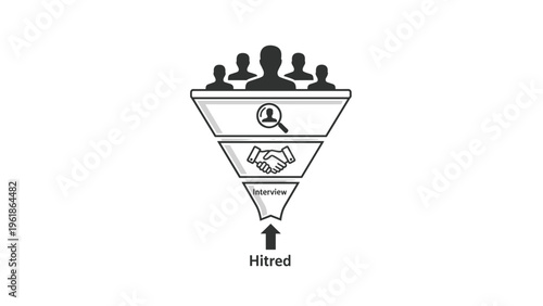Detailed recruitment funnel illustrates the hiring process with stages like candidate search, interviews, and final employment, symbolizing human resources management.