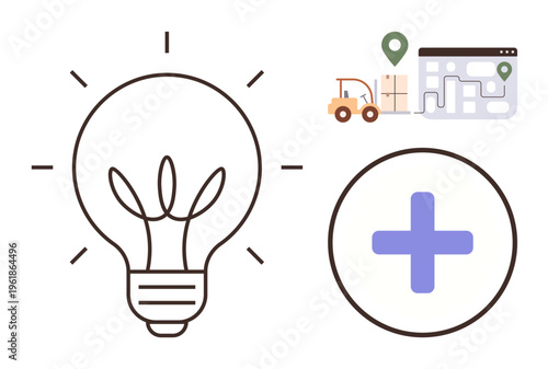 Innovation, logistics, healthcare, delivery solutions, creativity, problem-solving. A light bulb, map with a delivery truck and a plus symbol. Innovation and logistics conceptual design