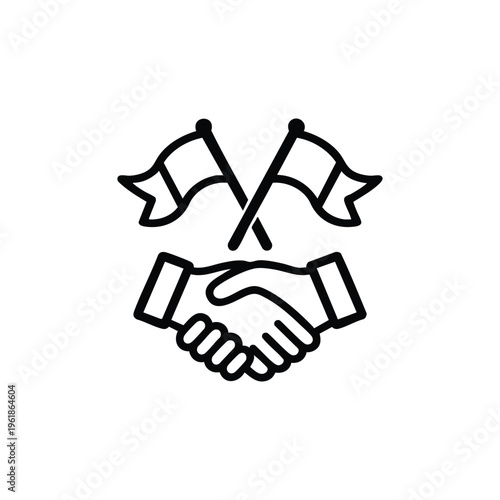 Black and white vector handshake with crossed flags symbol of government agreement diplomacy and international cooperation