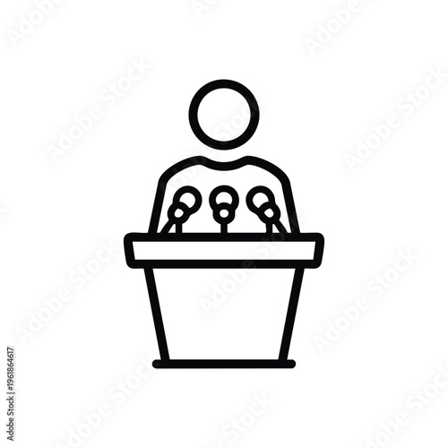 Government official giving speech at podium with microphones black and white vector icon for politics and public administration