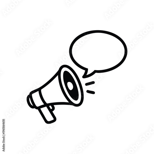 Government announcement megaphone with speech bubble black and white vector icon for public communication and political message