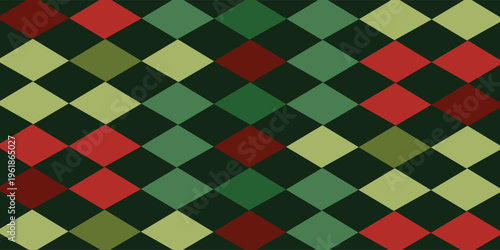 Argyle Meriah Pola Berlian dalam Hijau, Merah, dan Krem. Desain Tekstil Geometris Mulus untuk Dekorasi Liburan, Kertas Pembungkus, Kertas Dinding, atau Latar Belakang Mode