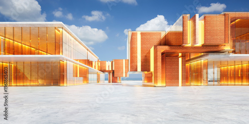 3d rendering modern architecture building featuring brick, glass, and glowing light