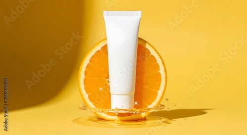 White cosmetic tube with orange and water splash on yellow background