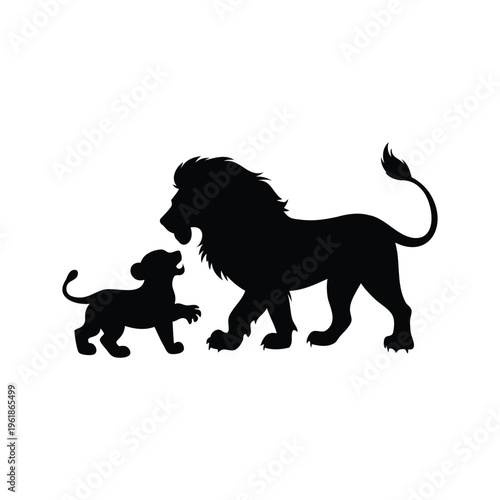 Silhouette of a lion and cub walking together symbolizing family bond, silhouette vector illustration, lion playing with cub silhouette vector illustration