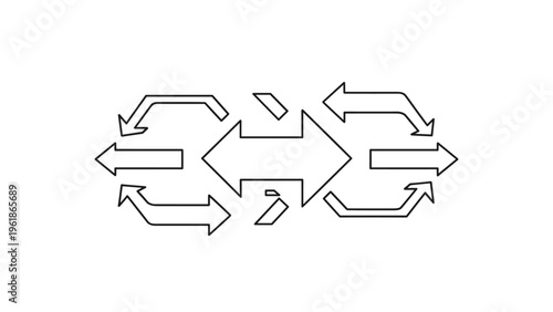 Multiple arrows indicating a complex two-way exchange and interaction, symbolizing data transfer, communication flow, or a dynamic reciprocal process.