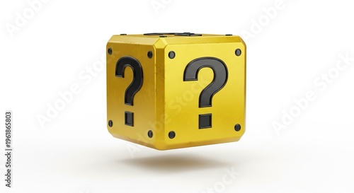 Golden question mark block floats in air on white background symbolizing mystery and inquiry in a 3d rendered scene with metallic texture and subtle shadow