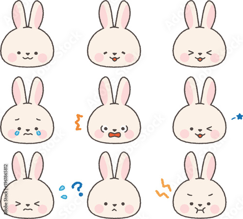 白うさぎの顔アイコン　表情セット　線あり