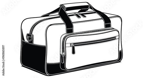 A black and white image of a travel bag detailed silhouette