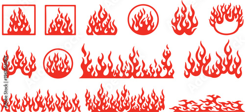 A collection of various flame icons and graphics in red color