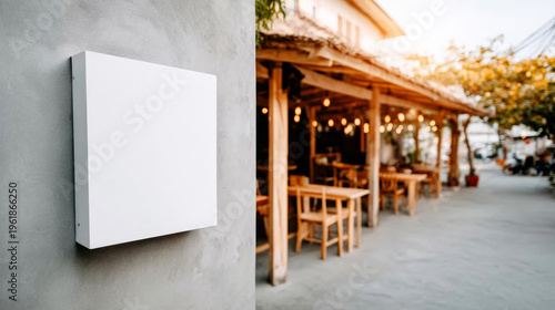 Blank rectangular advertising sign mockup on a gray wall, showing an outdoor restaurant background
