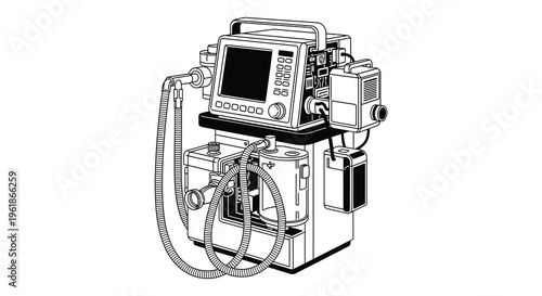 Detailed medical equipment illustration with a stark black silhouette