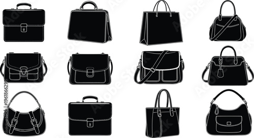 Black silhouette illustration of twelve handbags and briefcases in varied styles, including totes, satchels, and shoulder bags, symbolizing fashion, accessories, and design.