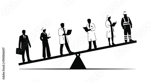 Diverse professionals in varying roles balanced on a seesaw representing career progression and equality.