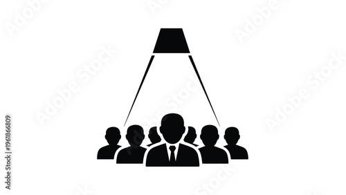 Bright spotlight illuminates a prominent figure within a group of people, symbolizing leadership, focus on talent, and recognizing key team members.