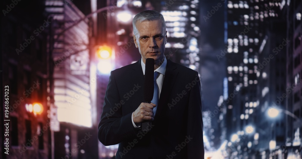Fototapeta premium Mature Male Reporter in Formal Wear Presenting News Story, Speaking Into Microphone While Looking at Camera. Concept of Broadcast Journalism, on Location Reporting Amidst Vibrant Urban Night.