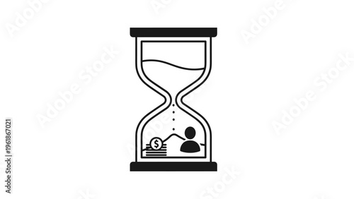 Hourglass containing money stacks and a person silhouette, symbolizing time is money, financial management, investment growth, and human resource value over time.